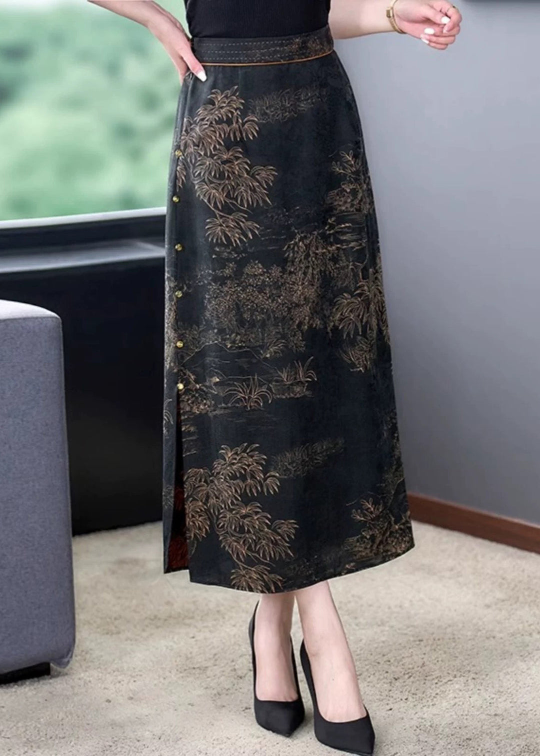 New Black Print Side Open Elastic Waist Silk Skirts Summer