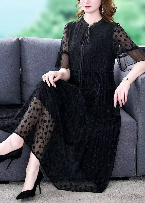 New Black Ruffled Lace Up Lace Dress Half Sleeve