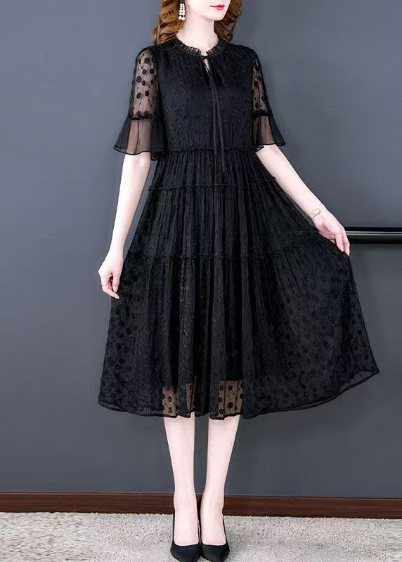 New Black Ruffled Lace Up Lace Dress Half Sleeve