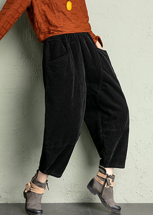 New Black Solid Pockets High Waist Corduroy Harem Pants