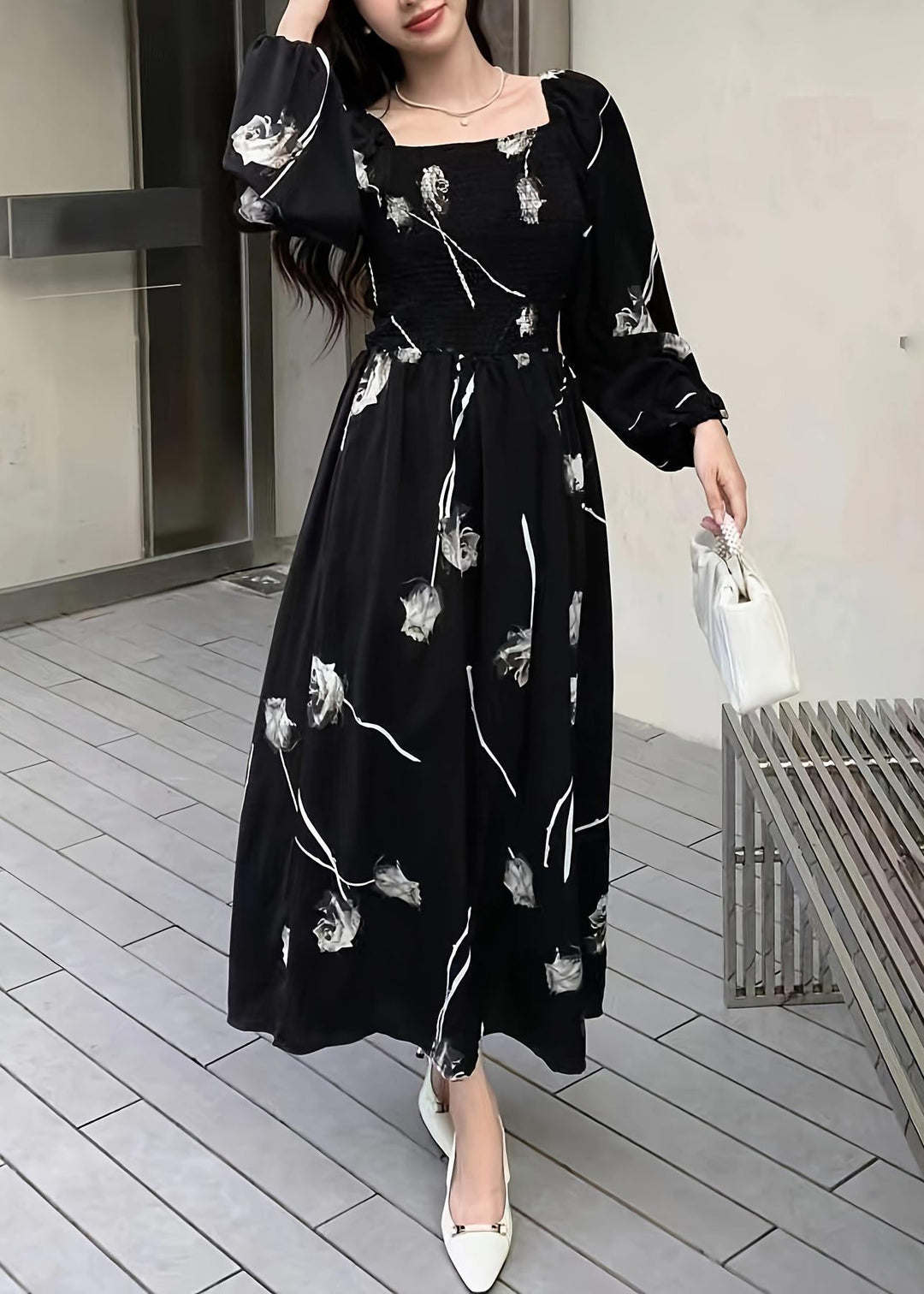 New Black Square Collar Print Cotton Long Dress Spring