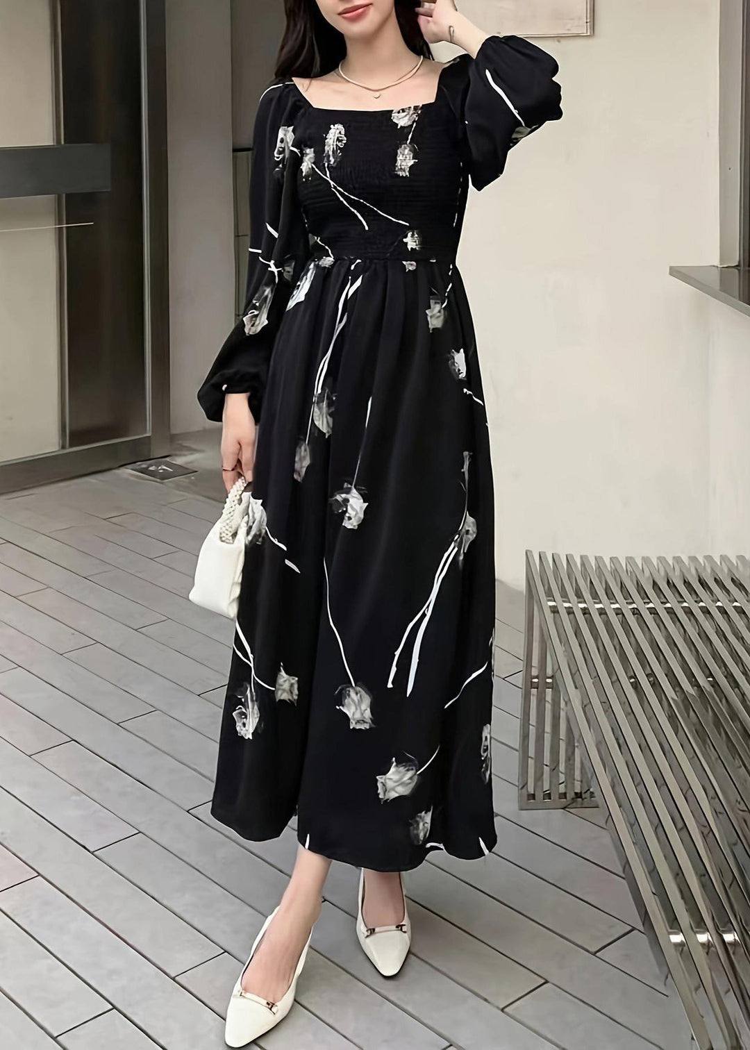 New Black Square Collar Print Cotton Long Dress Spring