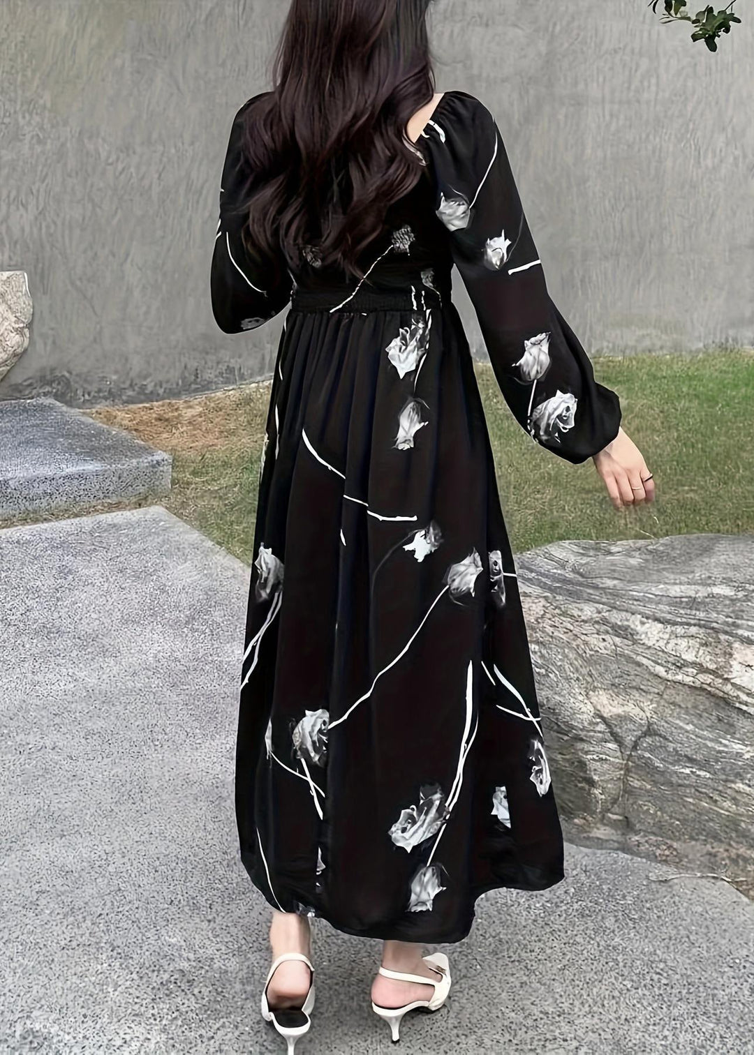 New Black Square Collar Print Cotton Long Dress Spring