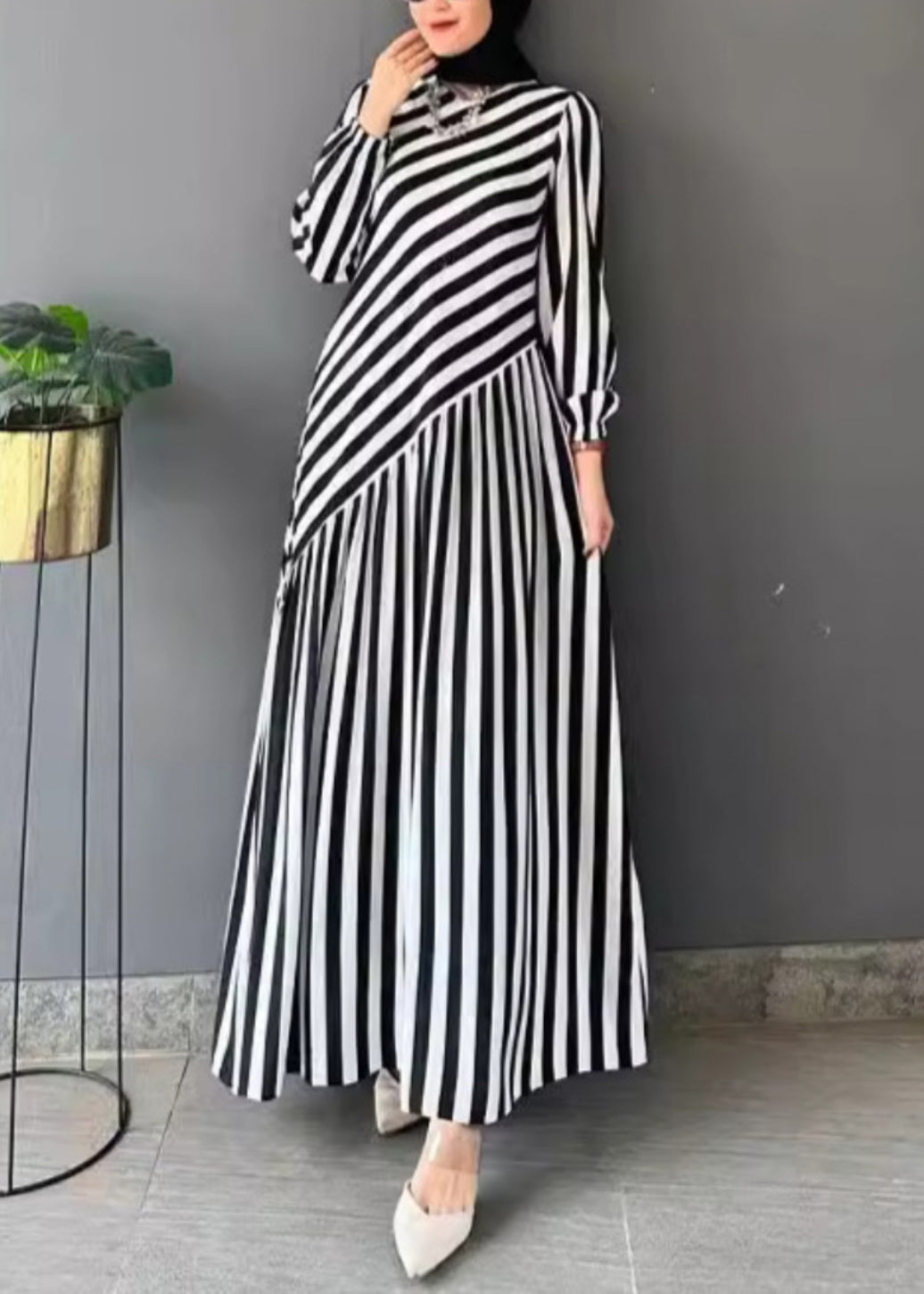 New Black Striped High Waist Cotton Long Dress Fall