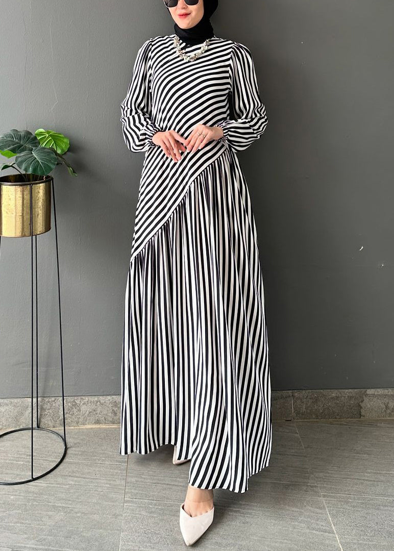 New Black Striped High Waist Cotton Long Dress Fall