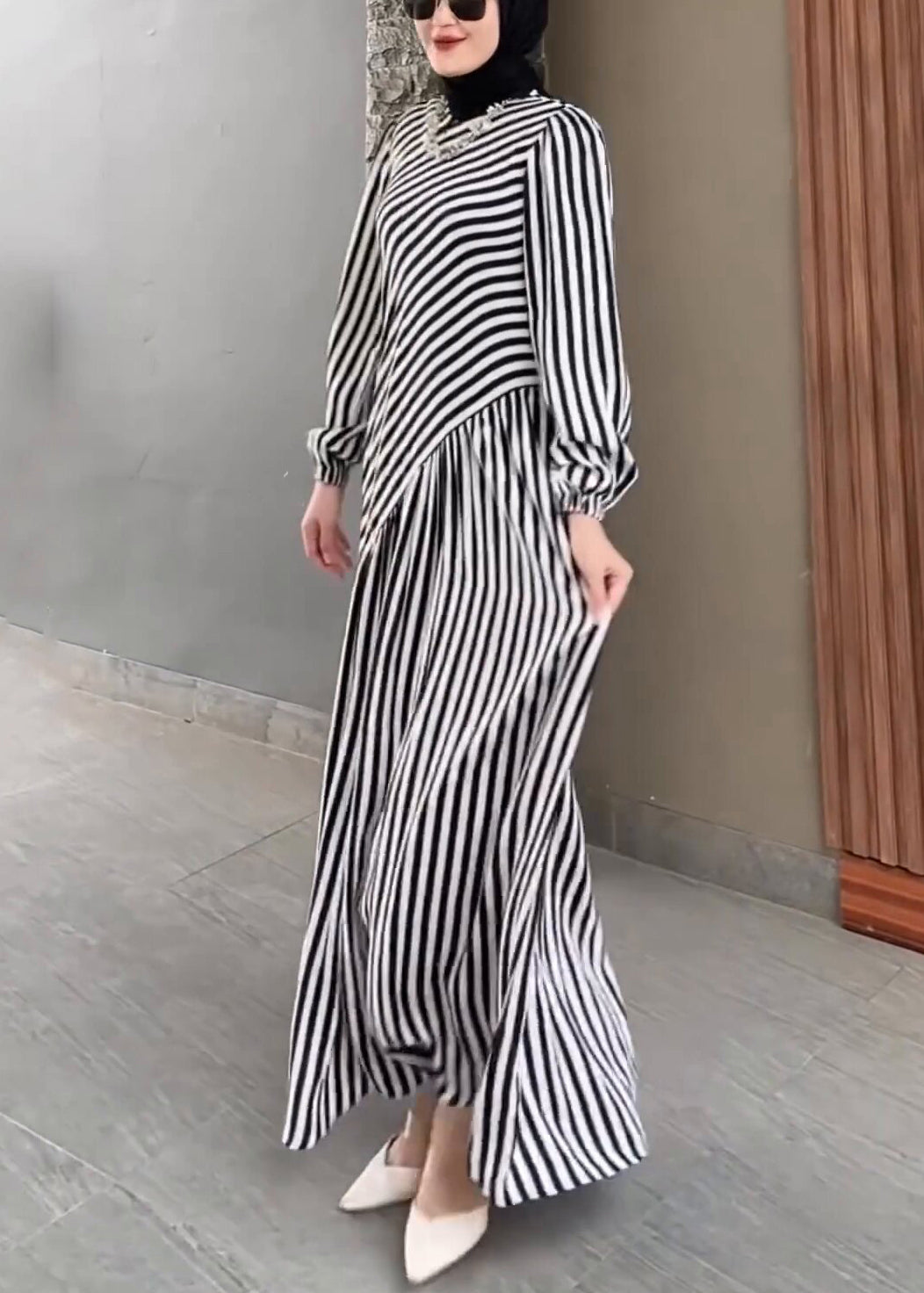 New Black Striped High Waist Cotton Long Dress Fall