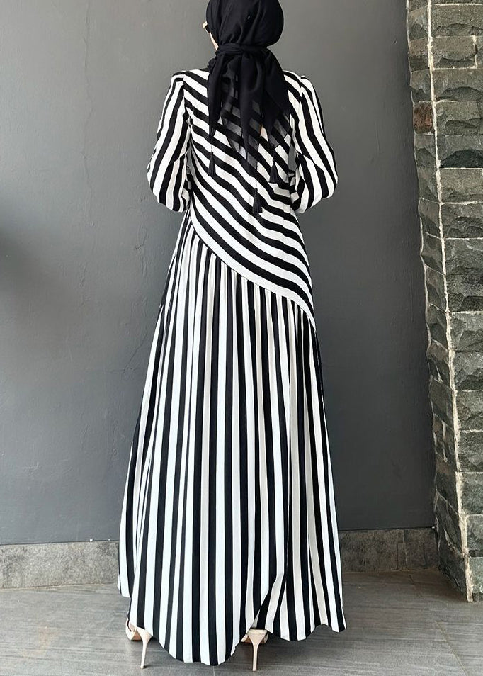 New Black Striped High Waist Cotton Long Dress Fall