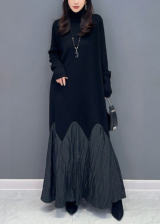 New Black Turtleneck Patchwork Cotton Long Dress Long Sleeve