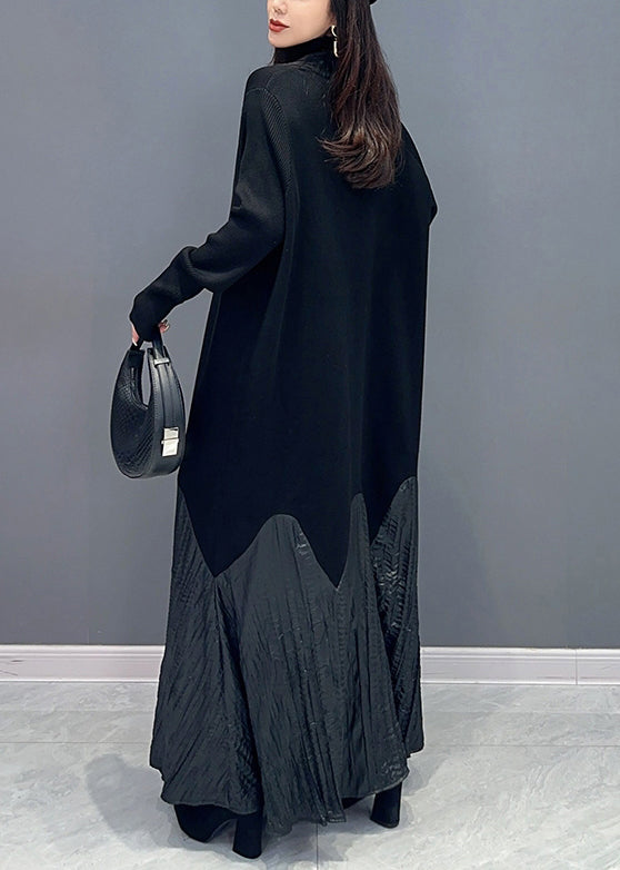 New Black Turtleneck Patchwork Cotton Long Dress Long Sleeve