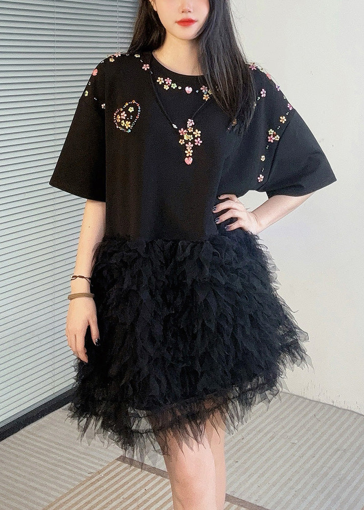 New Black Zircon Tulle Patchwork T Shirt Dress Summer