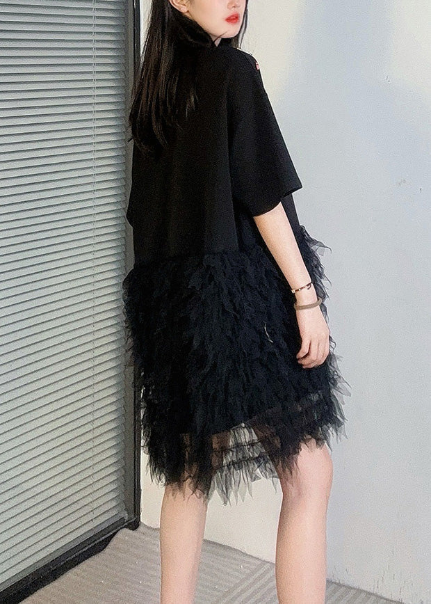 New Black Zircon Tulle Patchwork T Shirt Dress Summer