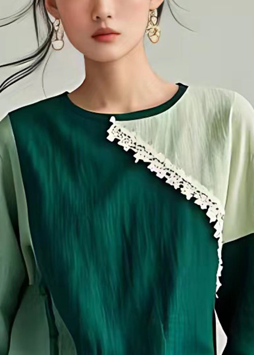 New Blackish Green O Neck Patchwork Cotton Top Flare Sleeve