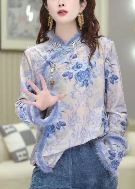 New Blue Button Print Patchwork Blouses Spring