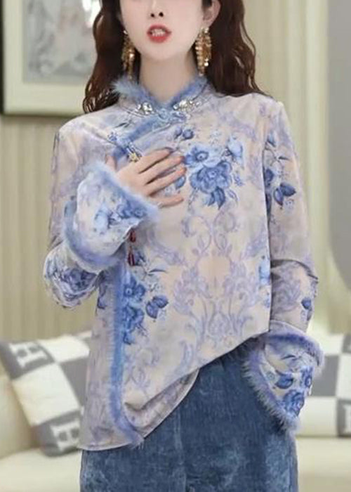 New Blue Button Print Patchwork Blouses Spring