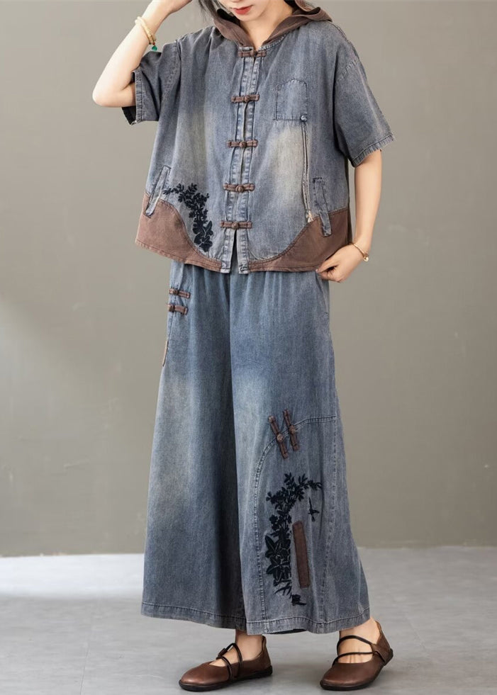 New Blue Embroidered Tops And Wide Leg Pants Two Pieces Set Summer