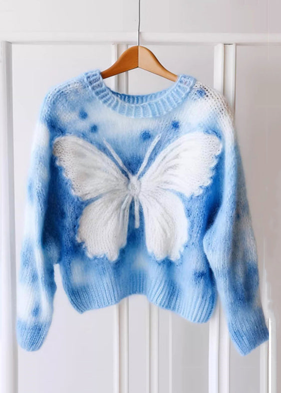 New Blue O Neck Butterfly Print Knit Sweaters Winter