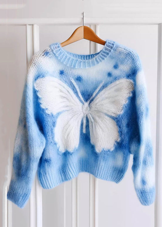 New Blue O Neck Butterfly Print Knit Sweaters Winter