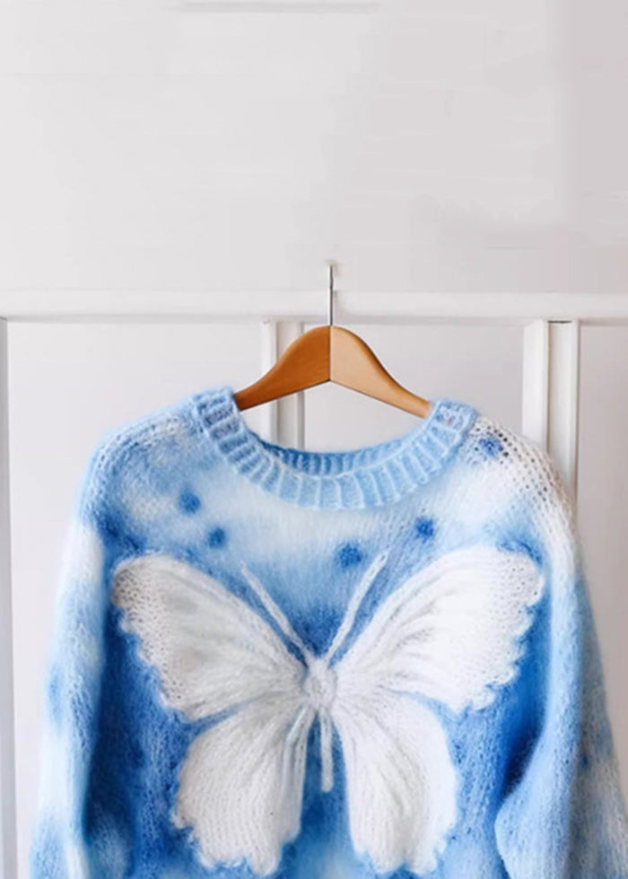 New Blue O Neck Butterfly Print Knit Sweaters Winter