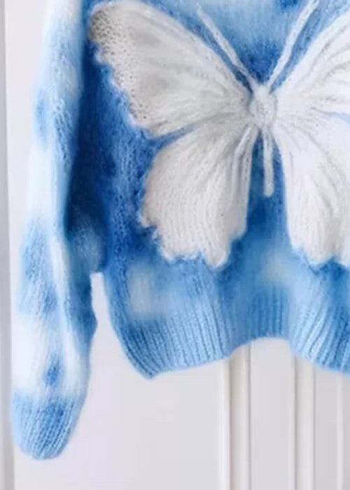 New Blue O Neck Butterfly Print Knit Sweaters Winter