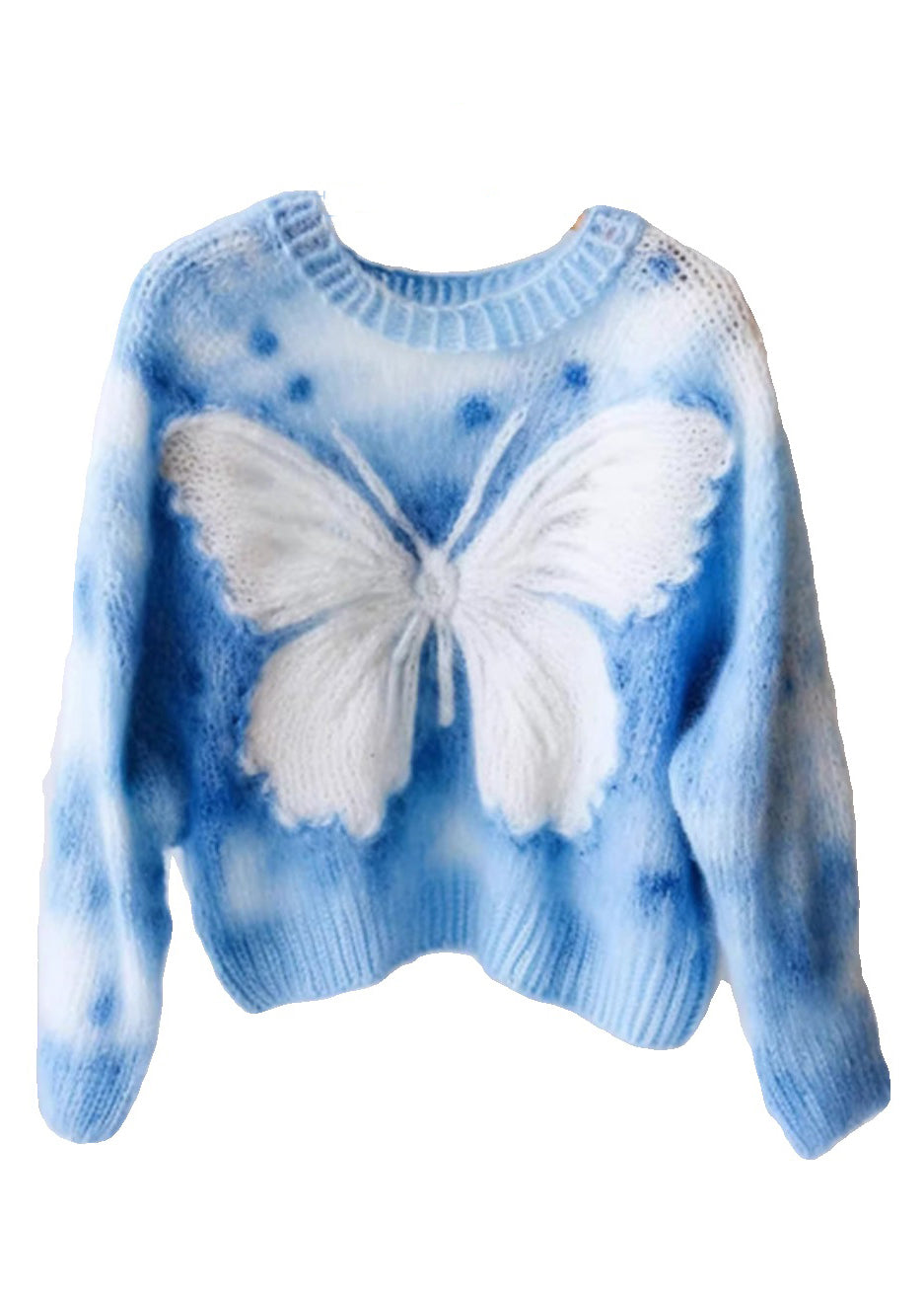 New Blue O Neck Butterfly Print Knit Sweaters Winter