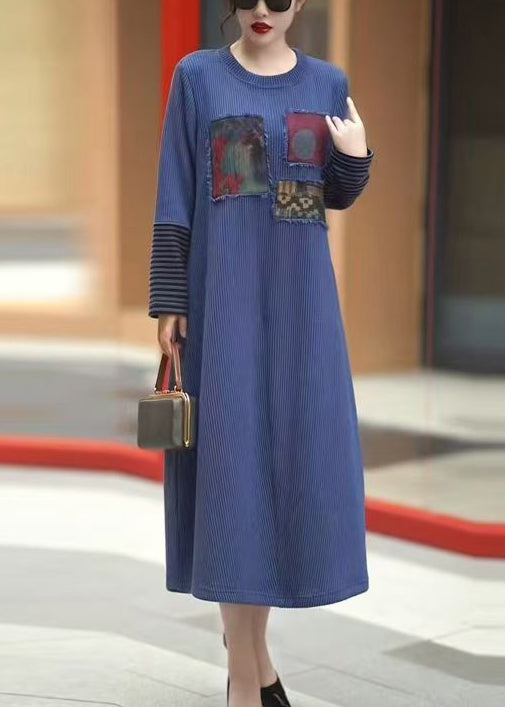 New Blue O Neck Patchwork Knit Long Dress Winter