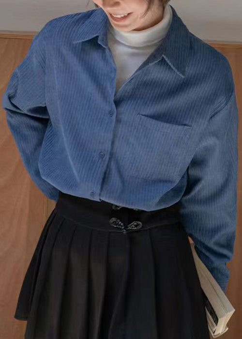 New Blue Peter Pan Collar Button Patchwork Corduroy Blouses Fall