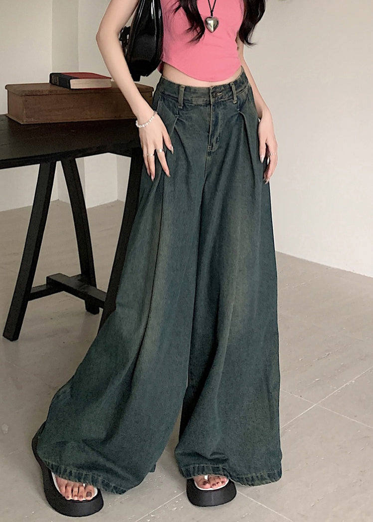 New Blue Pockets High Waist Denim Wide Leg Pants Summer