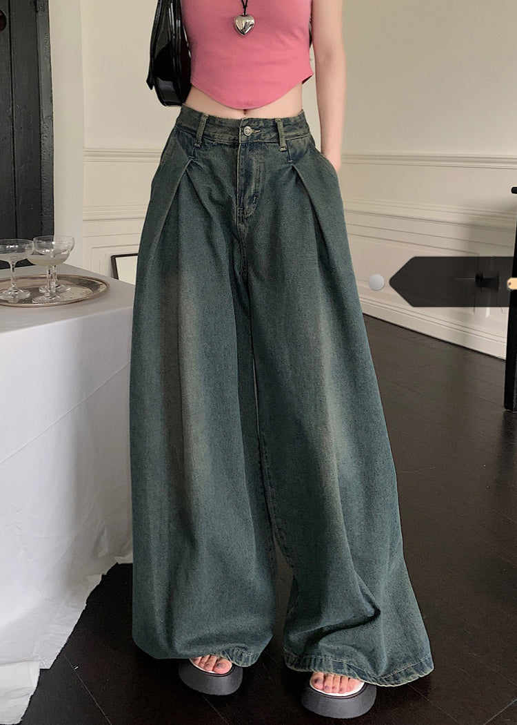 New Blue Pockets High Waist Denim Wide Leg Pants Summer