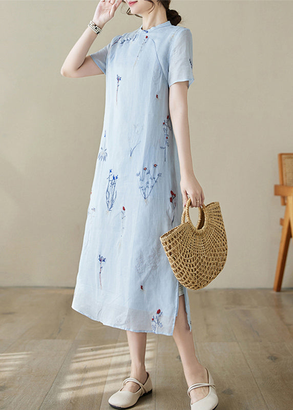 New Blue Print Pockets Linen Long Dress Summer