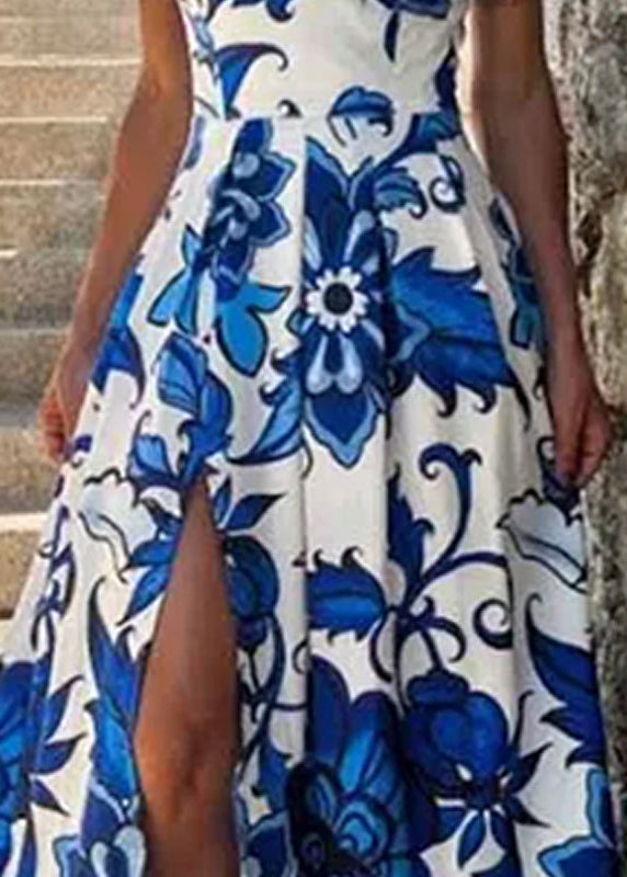 New Blue V Neck Print Side Open Cotton Spaghetti Strap Dress Sleeveless