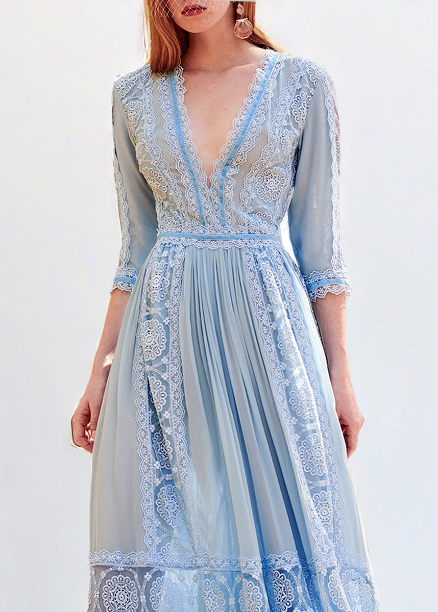 New Blue V Neck Wrinkled Lace Patchwork Chiffon Dresses Summer