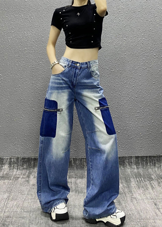 New Blue Zip Up Pockets Patchwork Denim Wide Leg Pants Fall