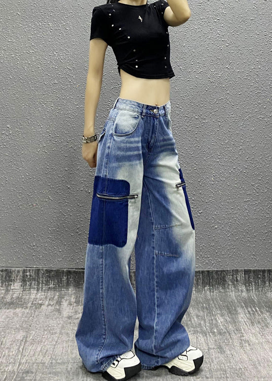 New Blue Zip Up Pockets Patchwork Denim Wide Leg Pants Fall