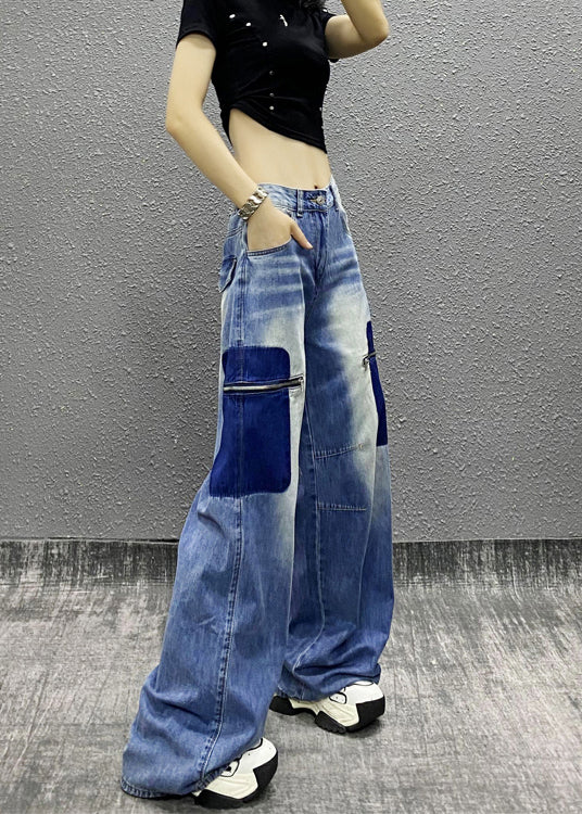 New Blue Zip Up Pockets Patchwork Denim Wide Leg Pants Fall