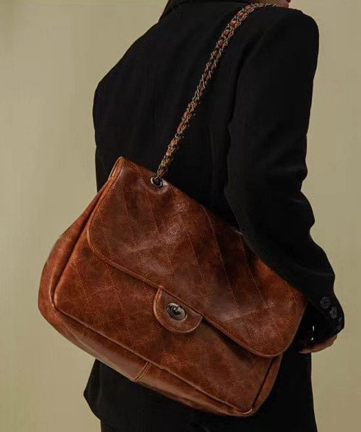 New Brown Large Capacity Faux Leather Chain Linked Satchel Handbag