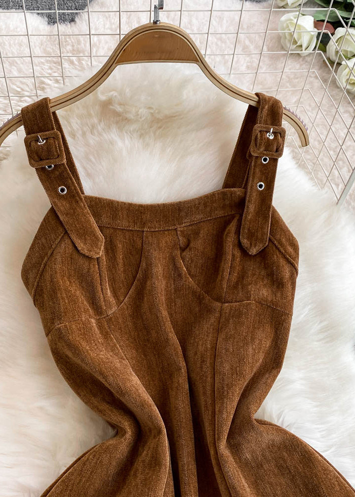 New Brown Original Design Corduroy Spaghetti Strap Dress Sleeveless