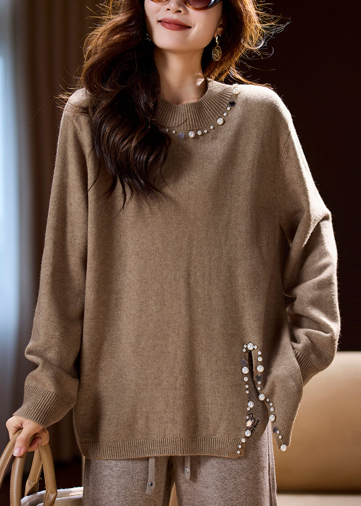 New Camel Pearl Side Open Knit Sweaters Spring