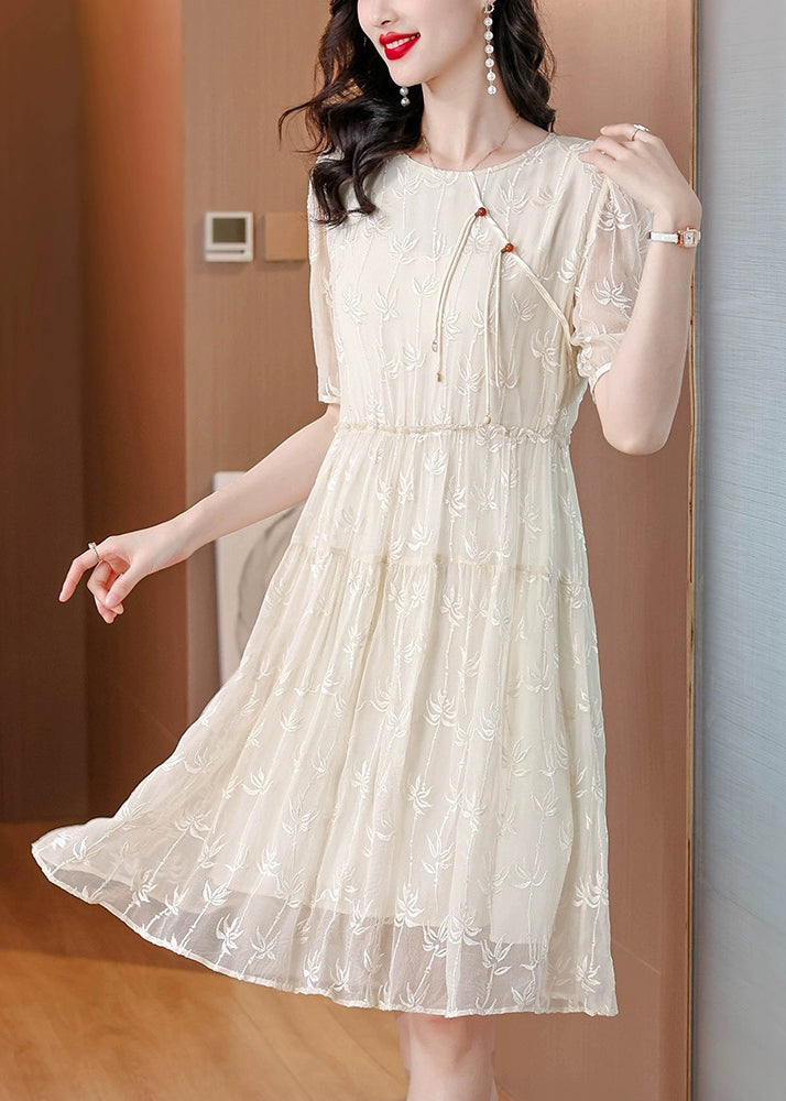 New Chinese Style Beige Embroidered Silk Dresses Summer