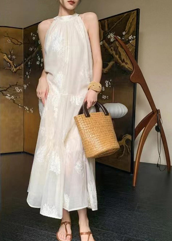 New Chinese Style White Embroidered Halter Cotton Dresses Summer