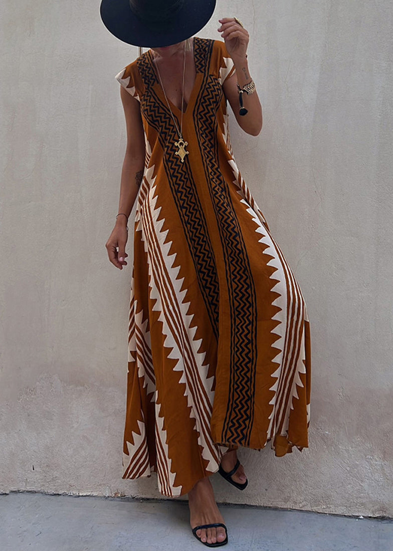 New Coffee Asymmetrical Print Chiffon Long Dresses Summer