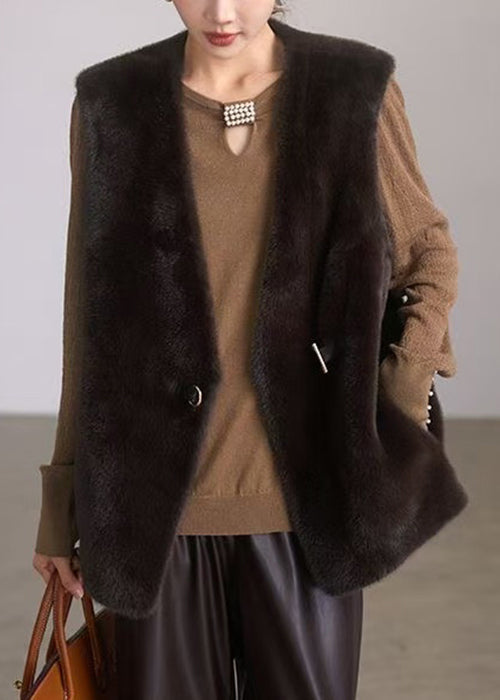 New Coffee Button Pockets Leather And Fur Waistcoat Sleeveless