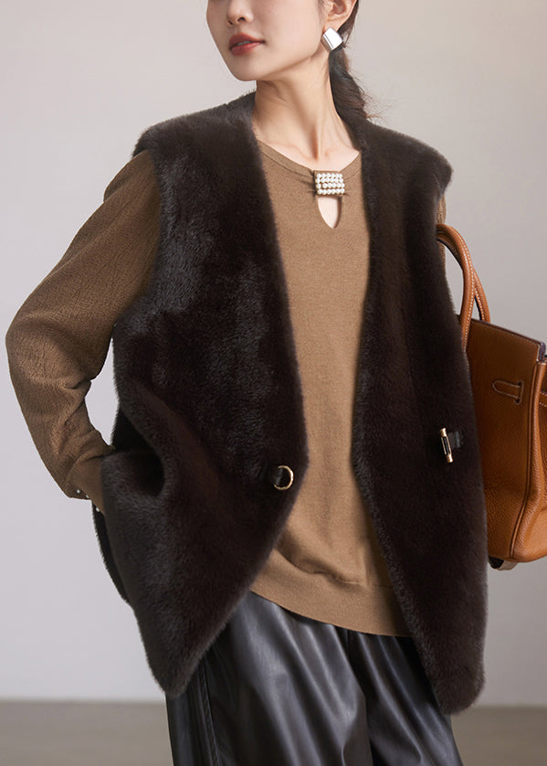 New Coffee Button Pockets Leather And Fur Waistcoat Sleeveless