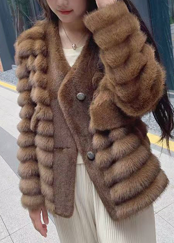 New Coffee Patchwork Leather And Fur Coats Winter