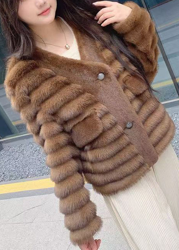 New Coffee Patchwork Leather And Fur Coats Winter