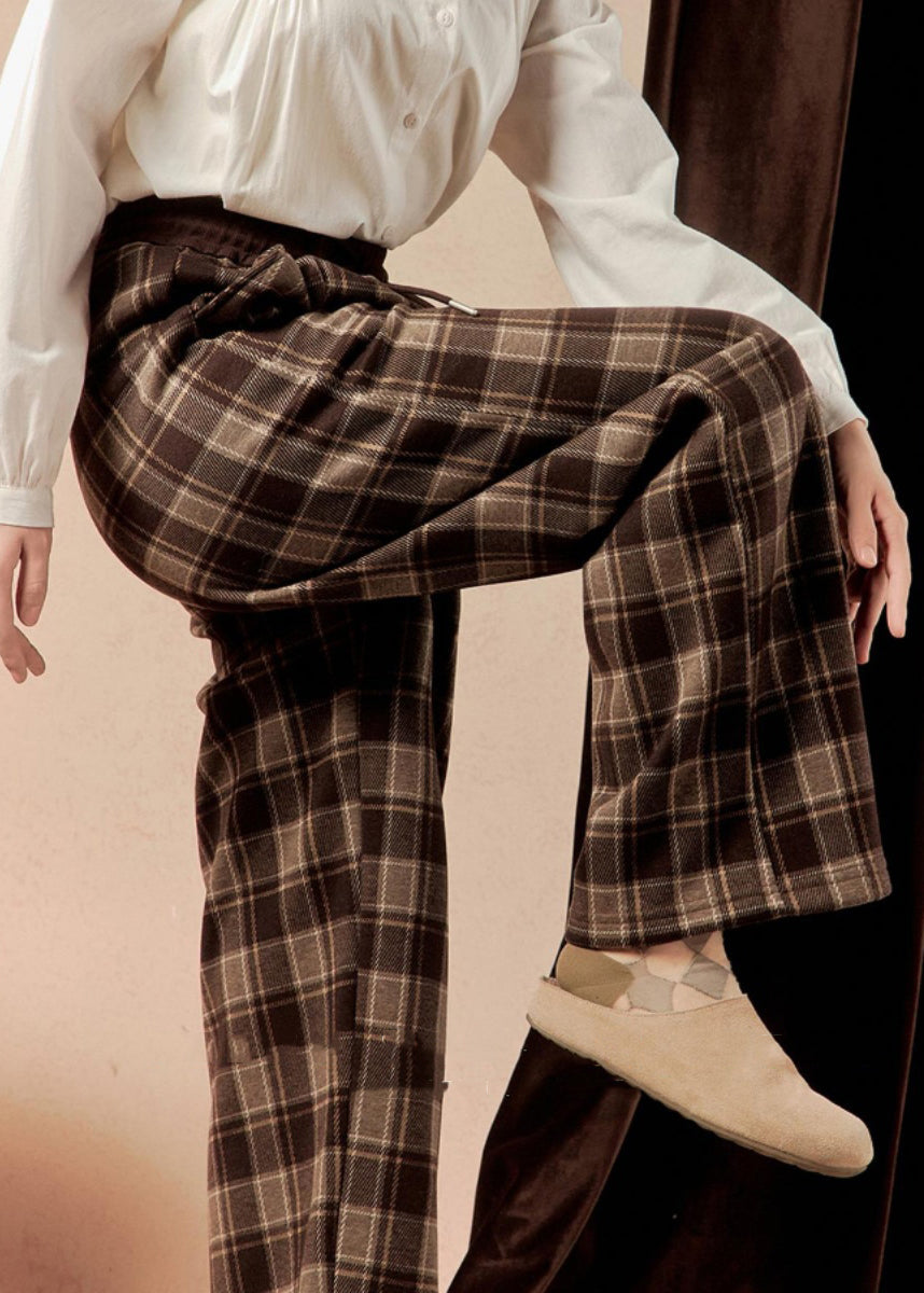 New Coffee Plaid Pockets Drawstring Warm Fleece Pants Winter