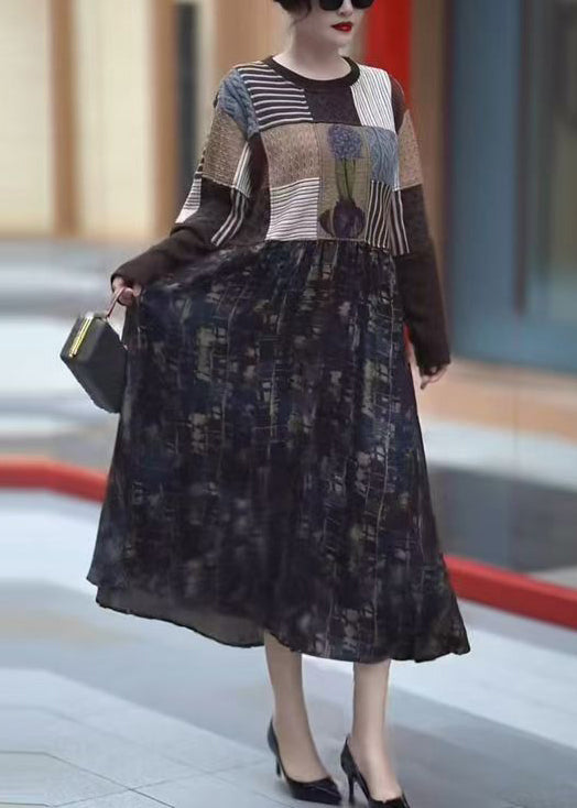 New Coffee Pockets Knit Patchwork Long Dresses Winter