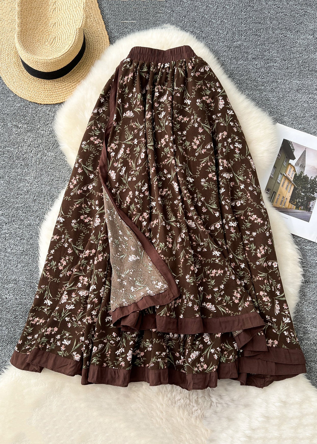 New Coffee Print Elastic Waist Cotton Skirts Fall