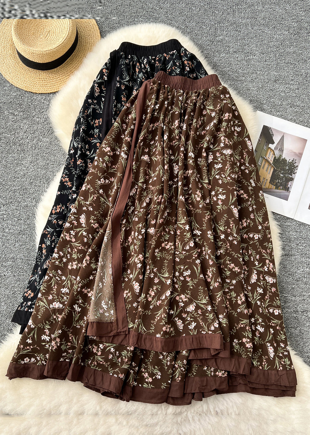 New Coffee Print Elastic Waist Cotton Skirts Fall