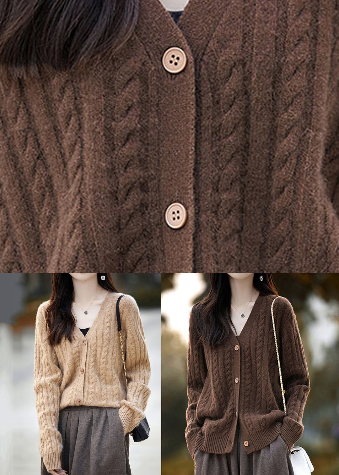 New Coffee V Neck Button Woolen Knit Cardigans Fall