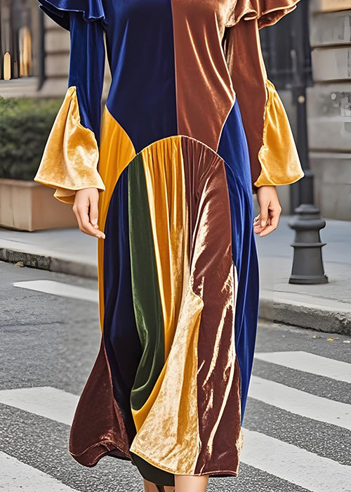 New Colorblock V Neck Ruffled Patchwork Velvet Dress Fall